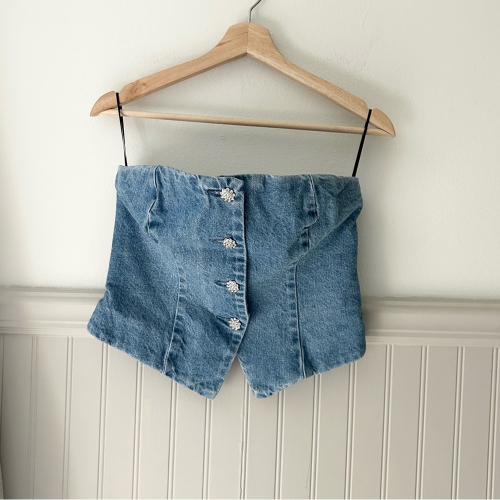 ⭐️ NEW H&M Small Denim Bandeau Sparkling Rhinestone Denim Strapless Corset Top